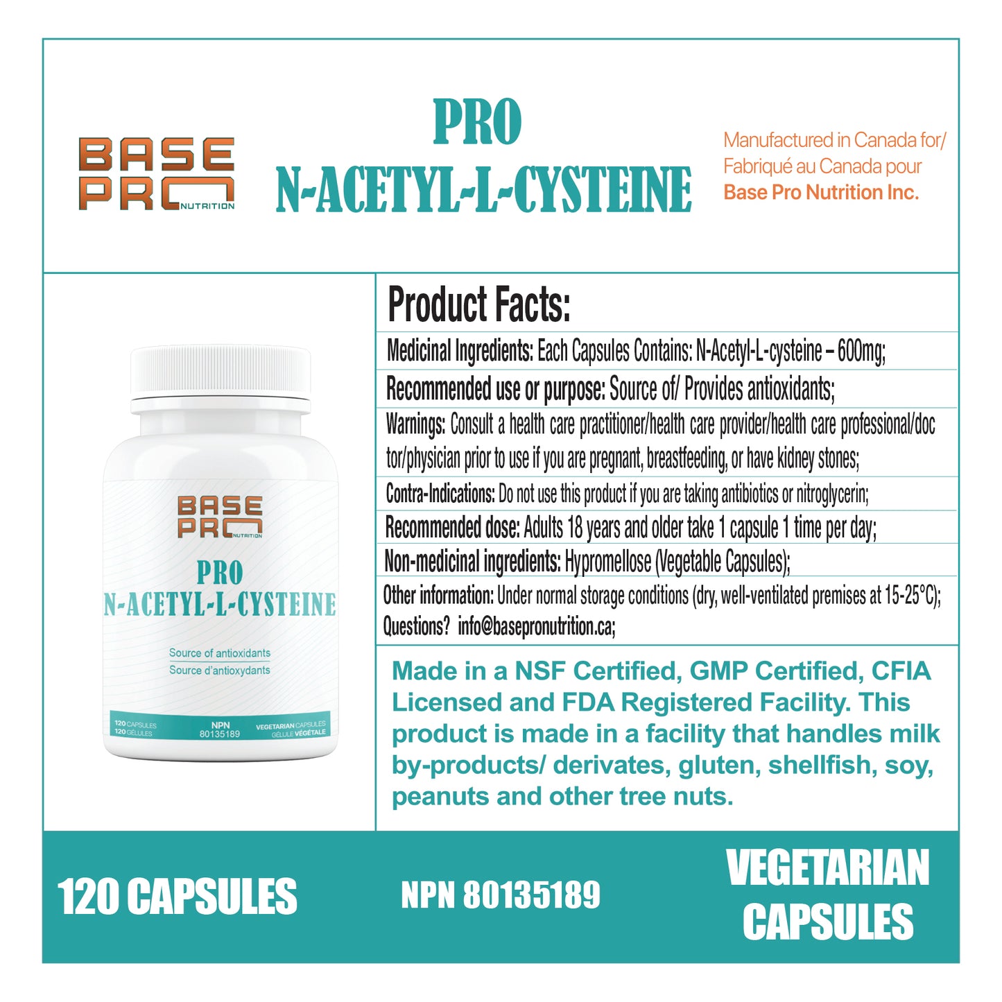 Pro N-Acetyl-L-Cysteine - 120 capsules - Base Pro Nutrition