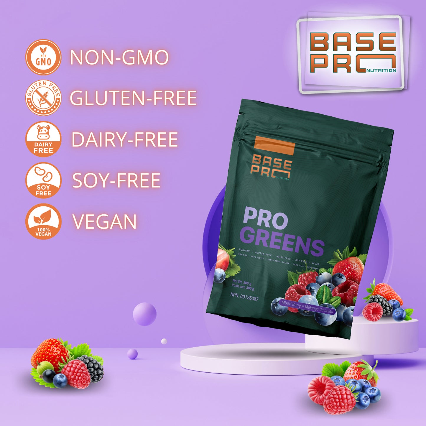 Pro Greens - Mixed Berry - 300 grams - Base Pro Nutrition
