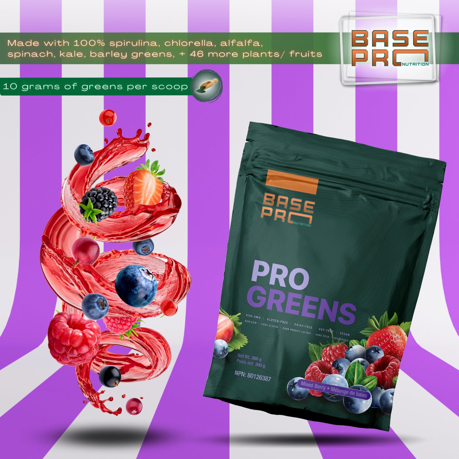 Pro Greens - Mixed Berry - 300 grams - Base Pro Nutrition