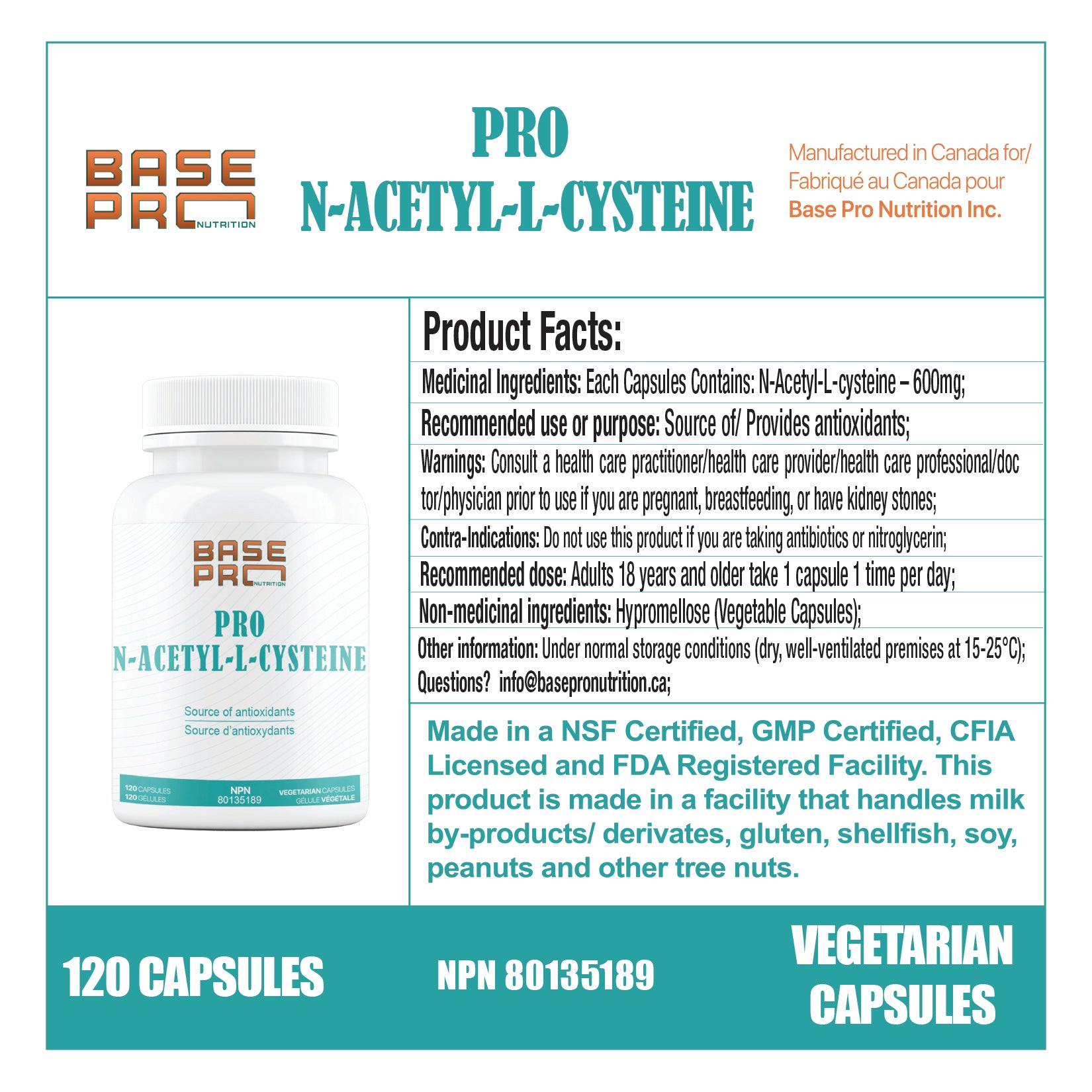 Pro N-Acetyl-L-Cysteine - 120 capsules - Base Pro Nutrition